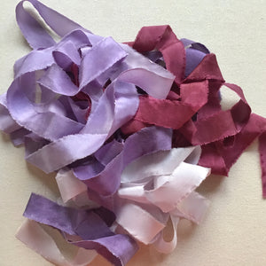 Set of 4 narrow silk ribbons ~ Purple & Crimson