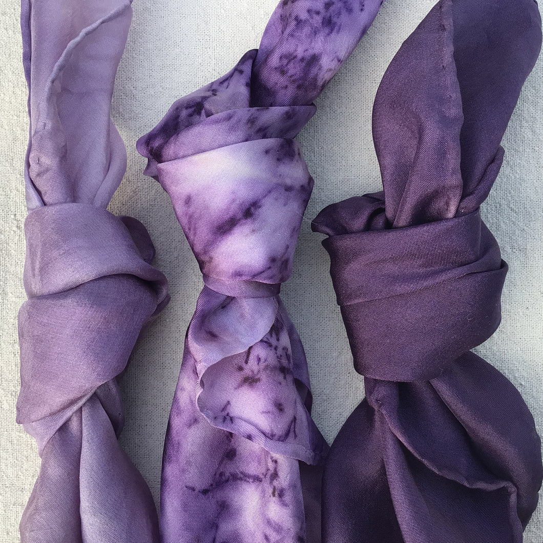 ON SALE Set of 3 Purple Small Silk Scarves ~ Silk Pocket Squares