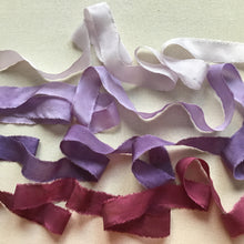 Load image into Gallery viewer, Set of 4 narrow silk ribbons ~ Purple &amp; Crimson TEMPORARILY UNAVAILABLE