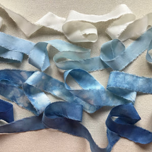 Set of 4 narrow ribbons ~ Blue, Ivory & White