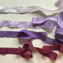 Load image into Gallery viewer, Set of 4 narrow silk ribbons ~ Purple &amp; Crimson TEMPORARILY UNAVAILABLE
